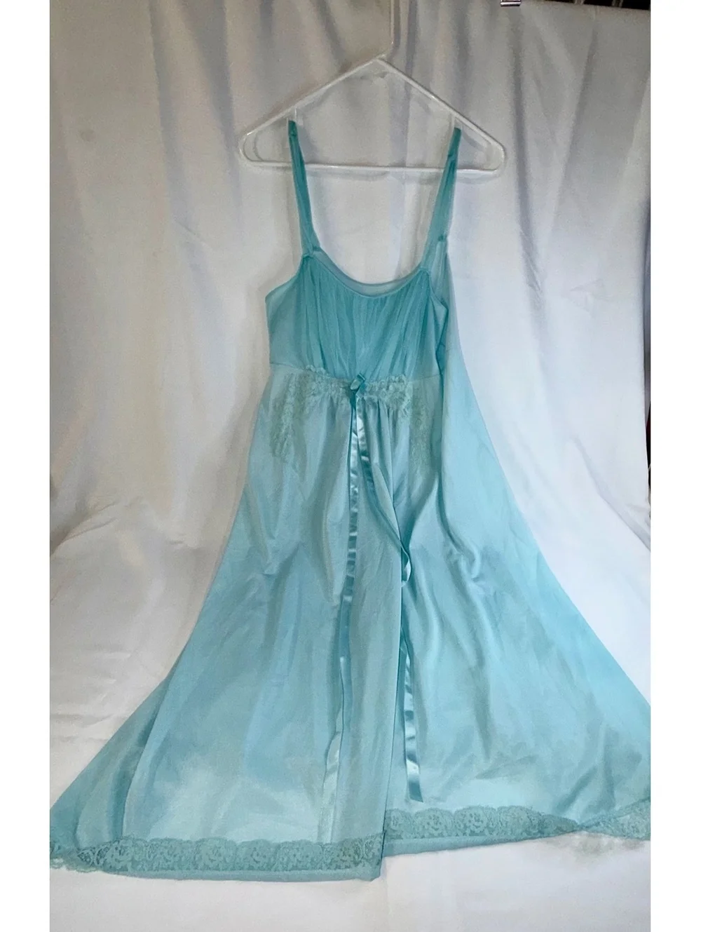 Vintage Van Raalte Light Blue Nylon Nightgown with Lace and Ribbon Detail